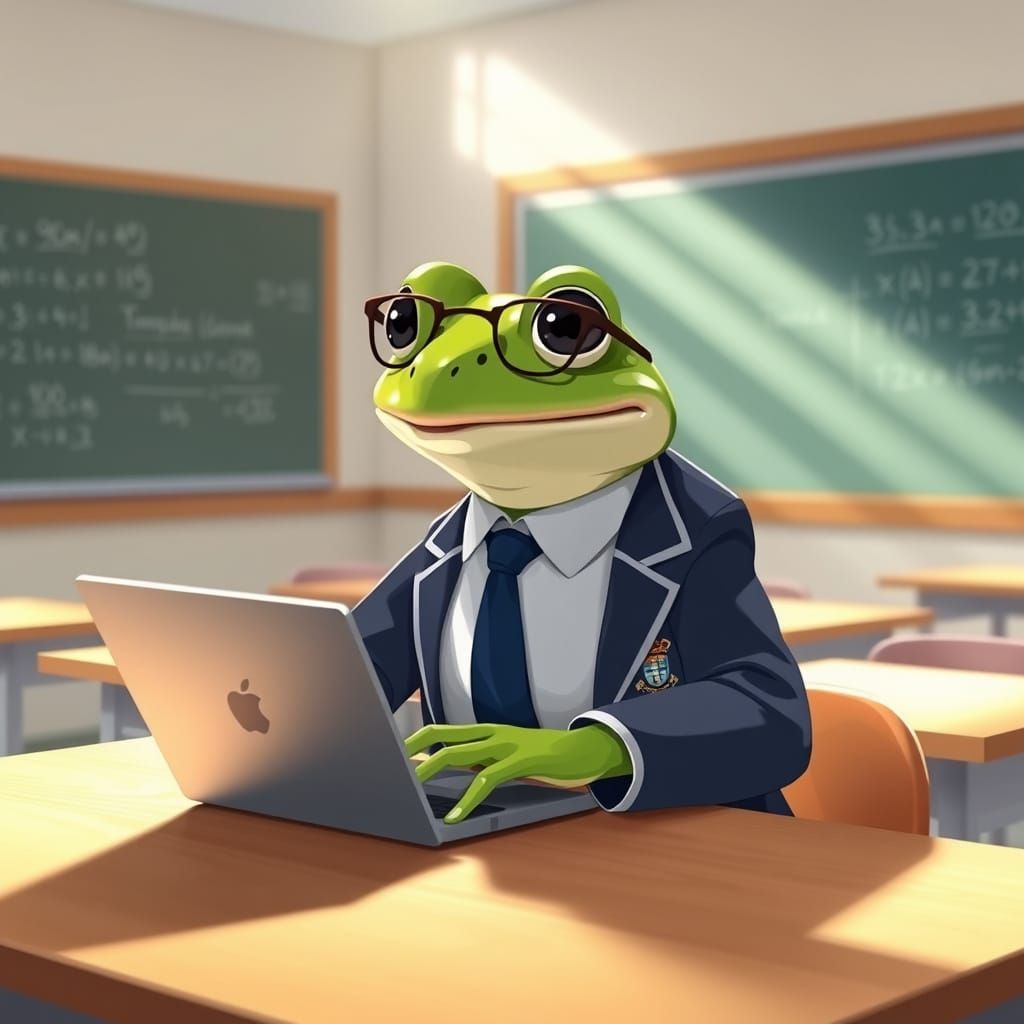 Frog Student Typing in a Classroom, Digital Art