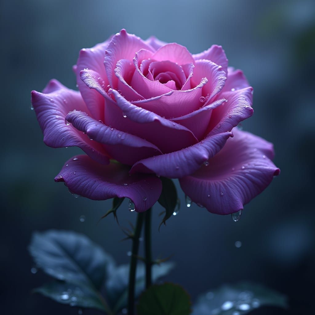 Hyper-Realistic Purple Rose in Rainy Atmosphere