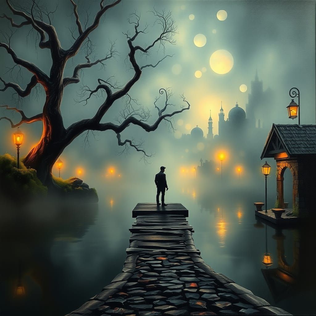 Dreamy Surreal Landscape: Oil Painting of Ancient Ruins