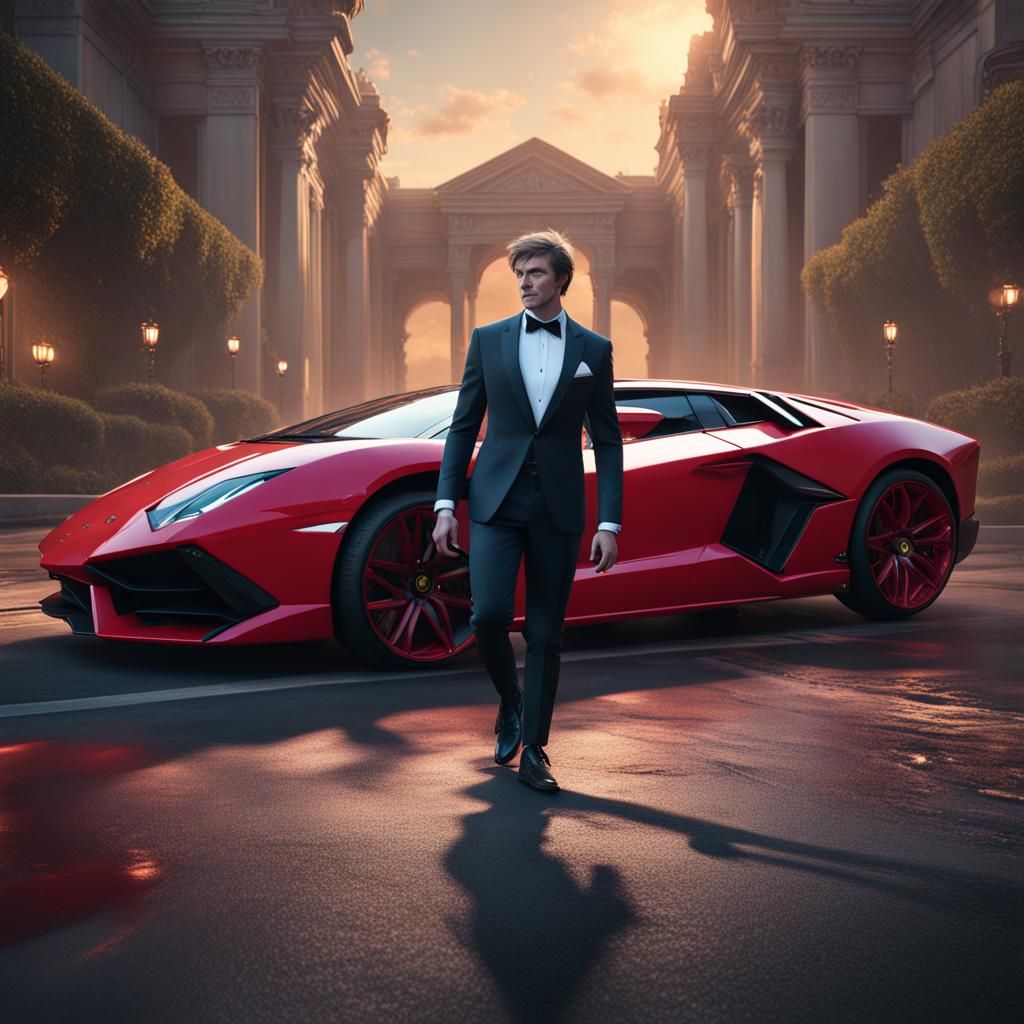 Man in Tuxedo Exits Car: Detailed Digital Painting