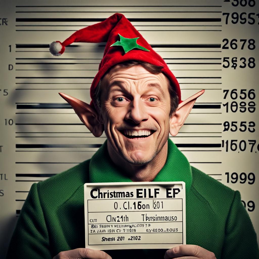 Humorous Christmas Elf Mugshot of Criminal Elf