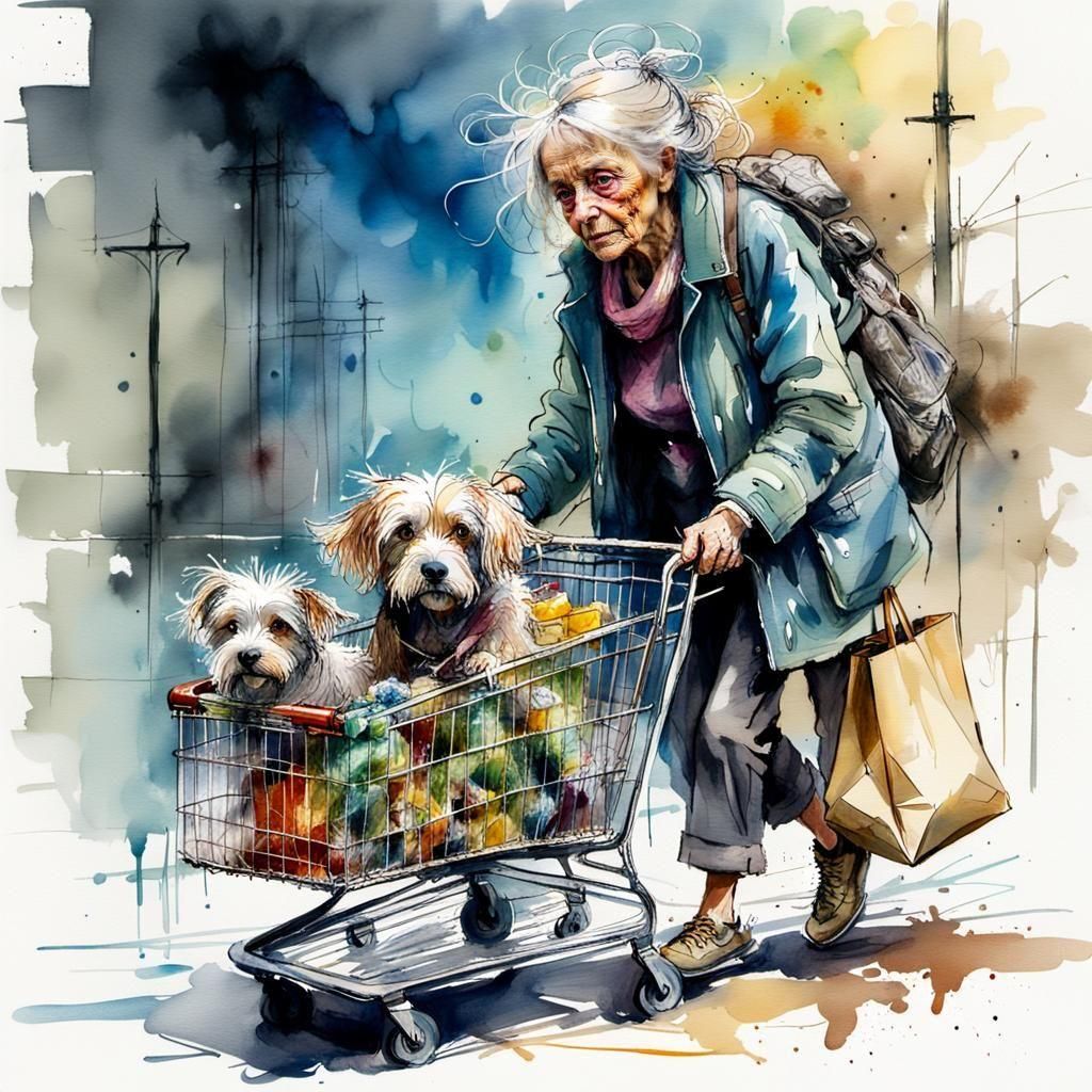 Homeless Old lady weatherbeaten face , scruffy clothes, tatt...