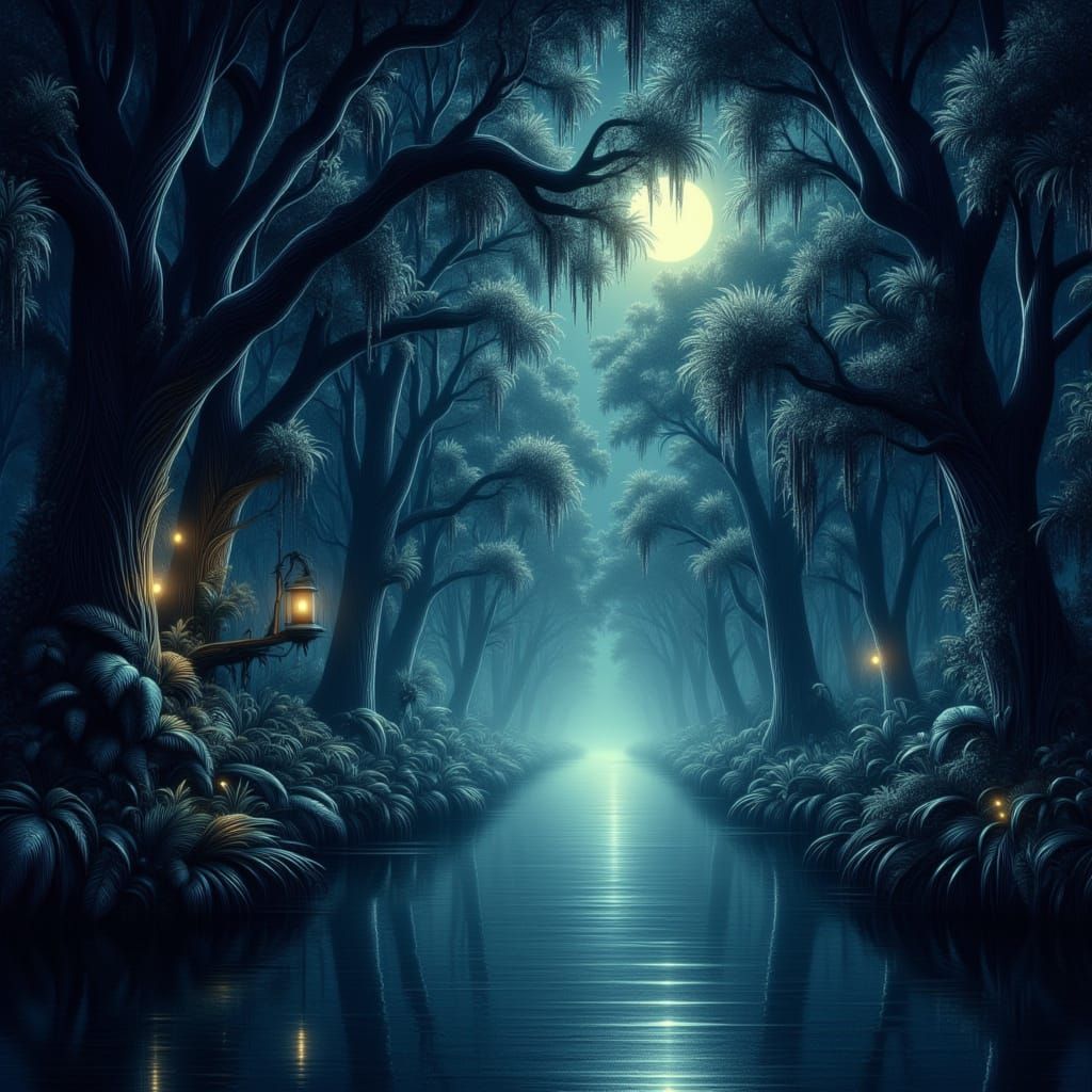 Mysterious Blue Bayou Night Scene in Art Nouveau Style