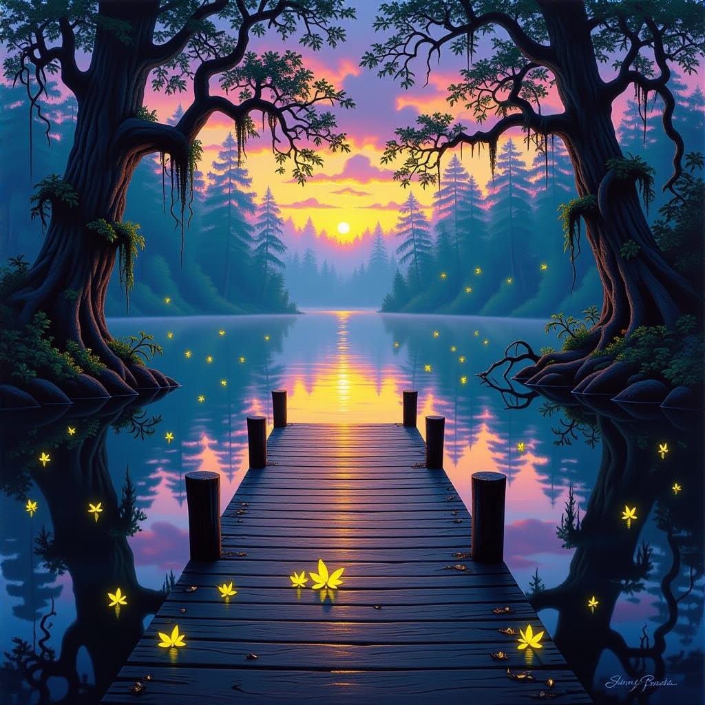 Misty Forest Lake at Twilight: Otherworldly Oil Painting