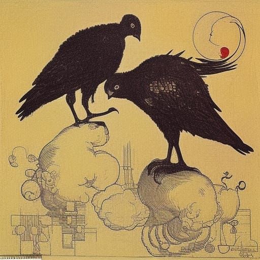 Cute Vultures Play on the Moon: Durer and Mondrian Style