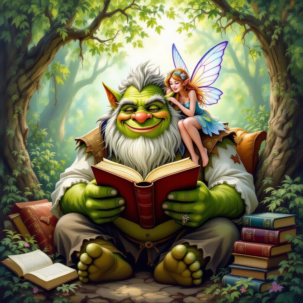 Happy Ogre Reading with Fairy, Oil Painting