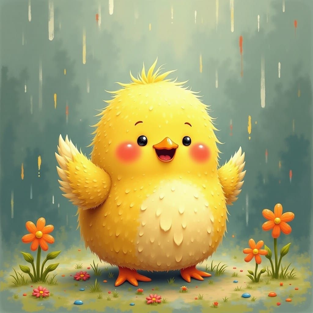 A cute duckling dancing in the rain under a flower.<lora:Cut...