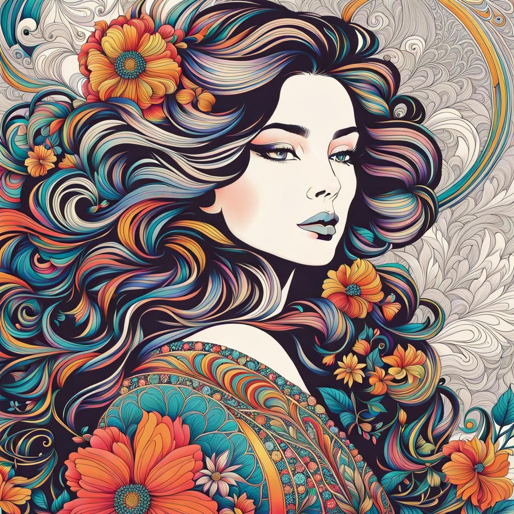 Elegant Line Drawing of Woman in Floral Design