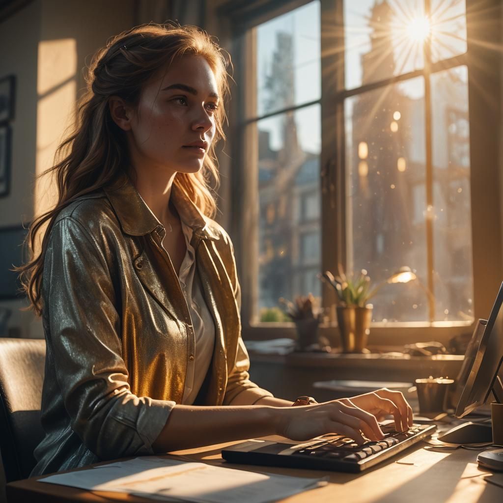 Golden Hour: Woman at Desk in Digital Painting