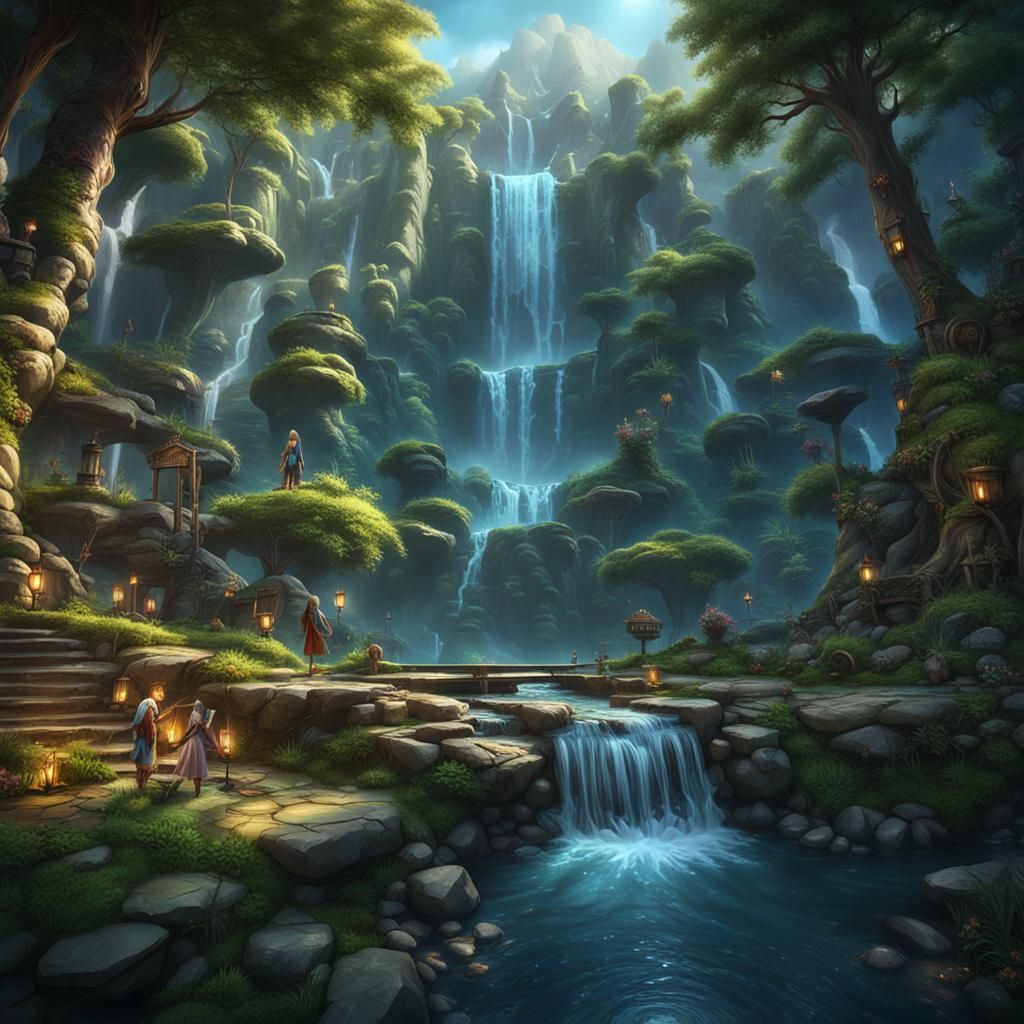 Anya's Hidden Waterfall: Detailed Fantasy Concept Art