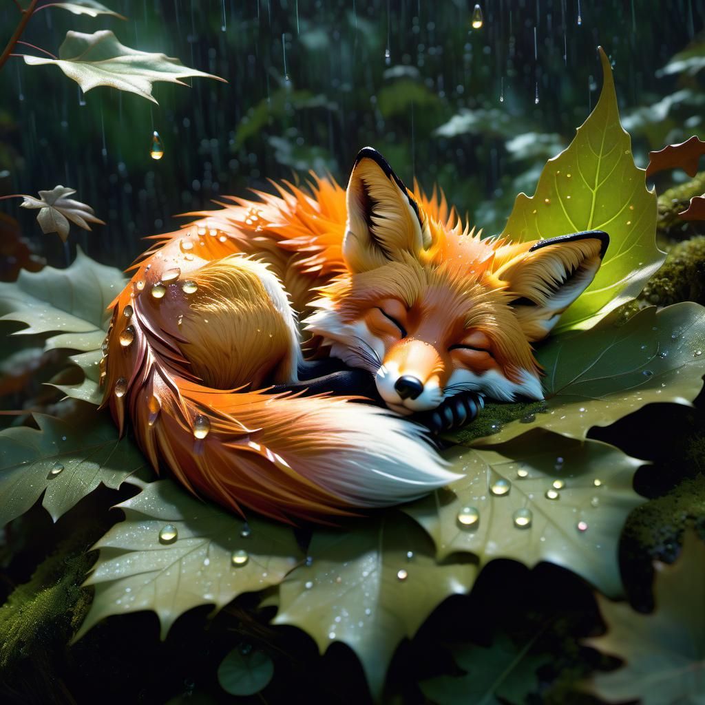 Fox Sleeping in Leaf with Rain, Hyperrealistic Digital Art