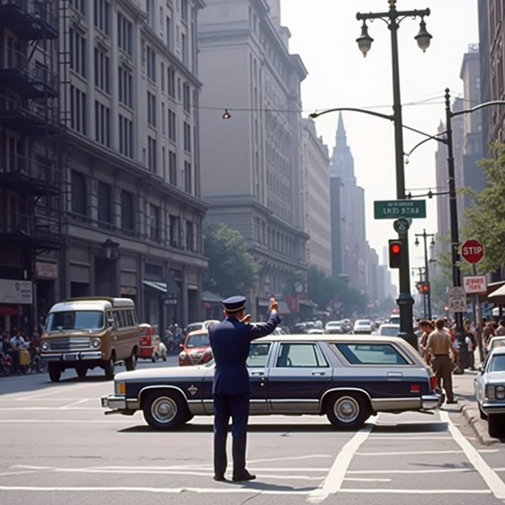 Police Officer Directs Traffic in 1970s New York