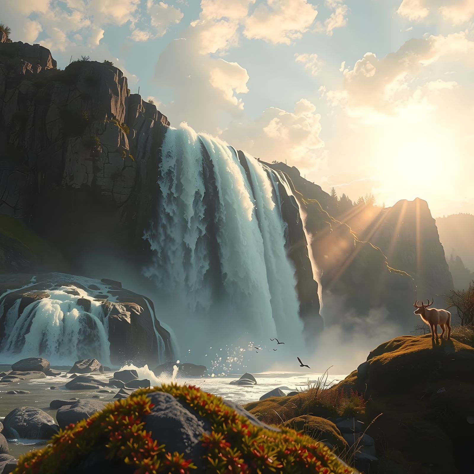 Vibrant Hyperrealist Waterfall Scene with Foliage and Fjords