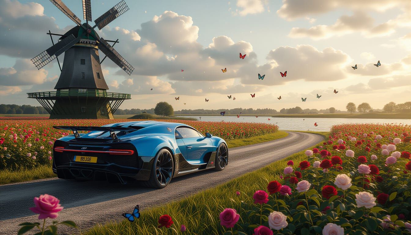 Bugatti Bolide in Dutch Rose Field: Dreamlike Automotive Art