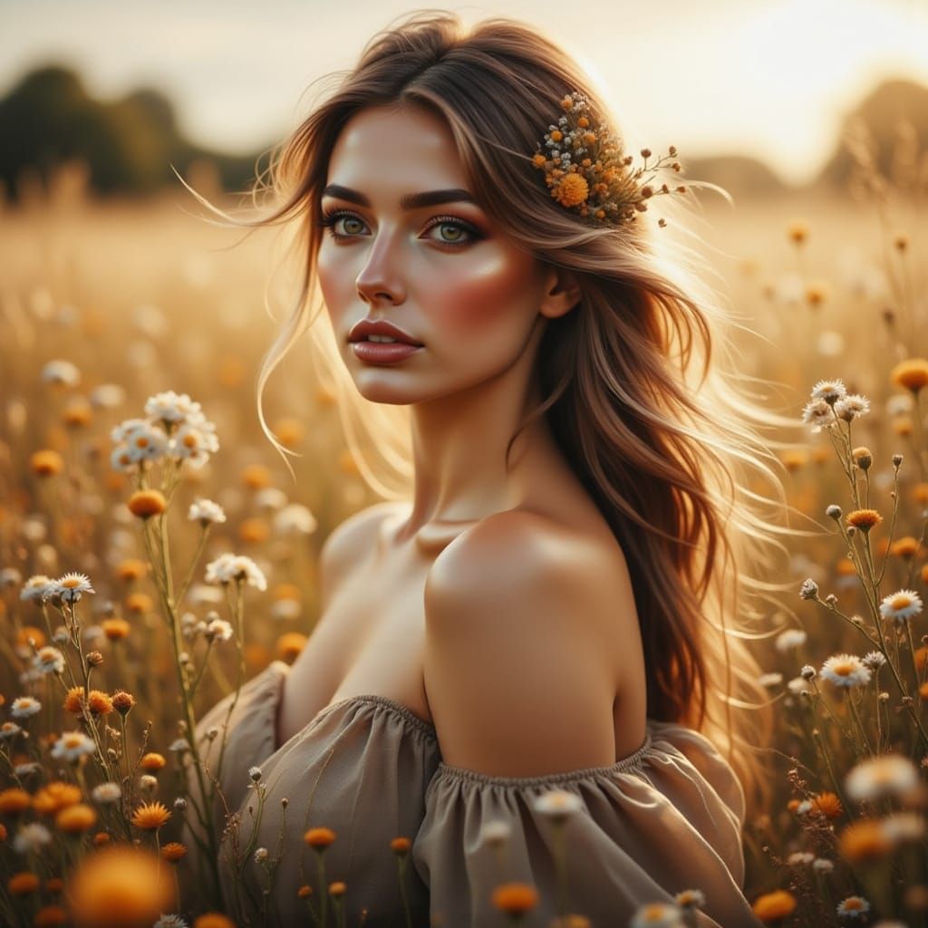 Woman in Wildflower Meadow at Golden Hour