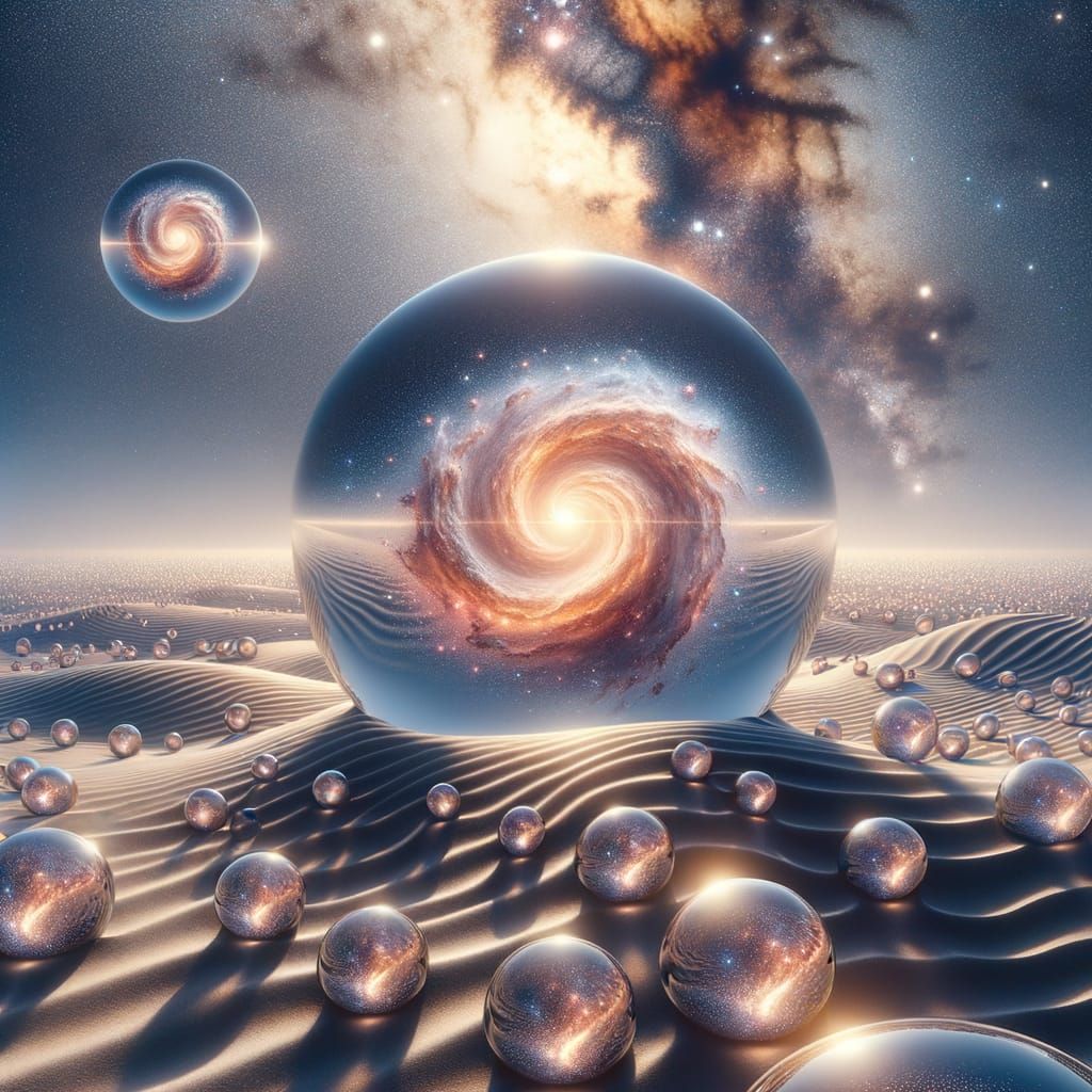 Desert of Glass Orbs with Galaxies Under Two Suns