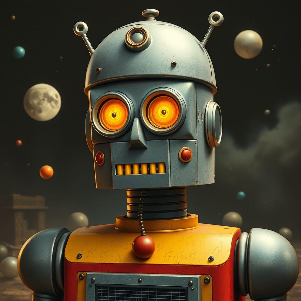 Retro Blockbuster Robot in Whimsical Masterpiece Style