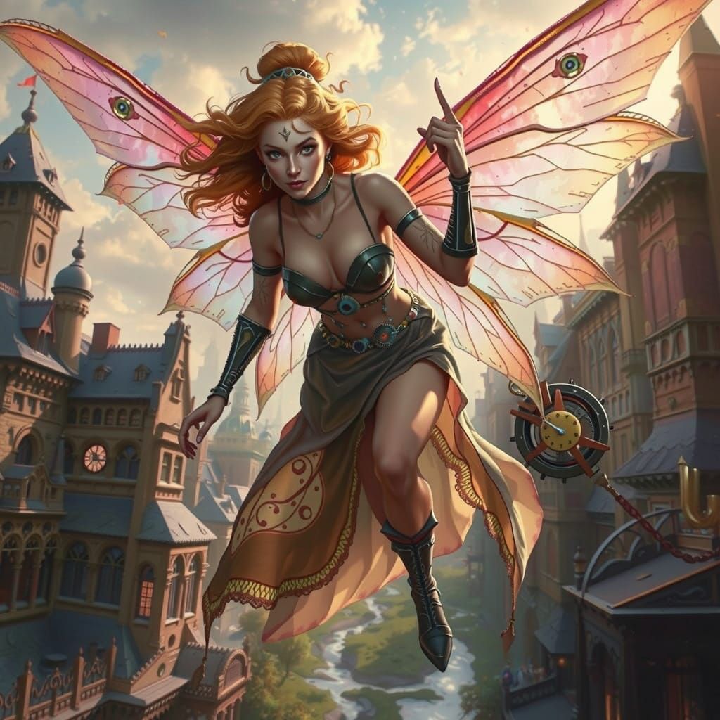 Steampunk Fairy Over Victorian City as Matte Painting