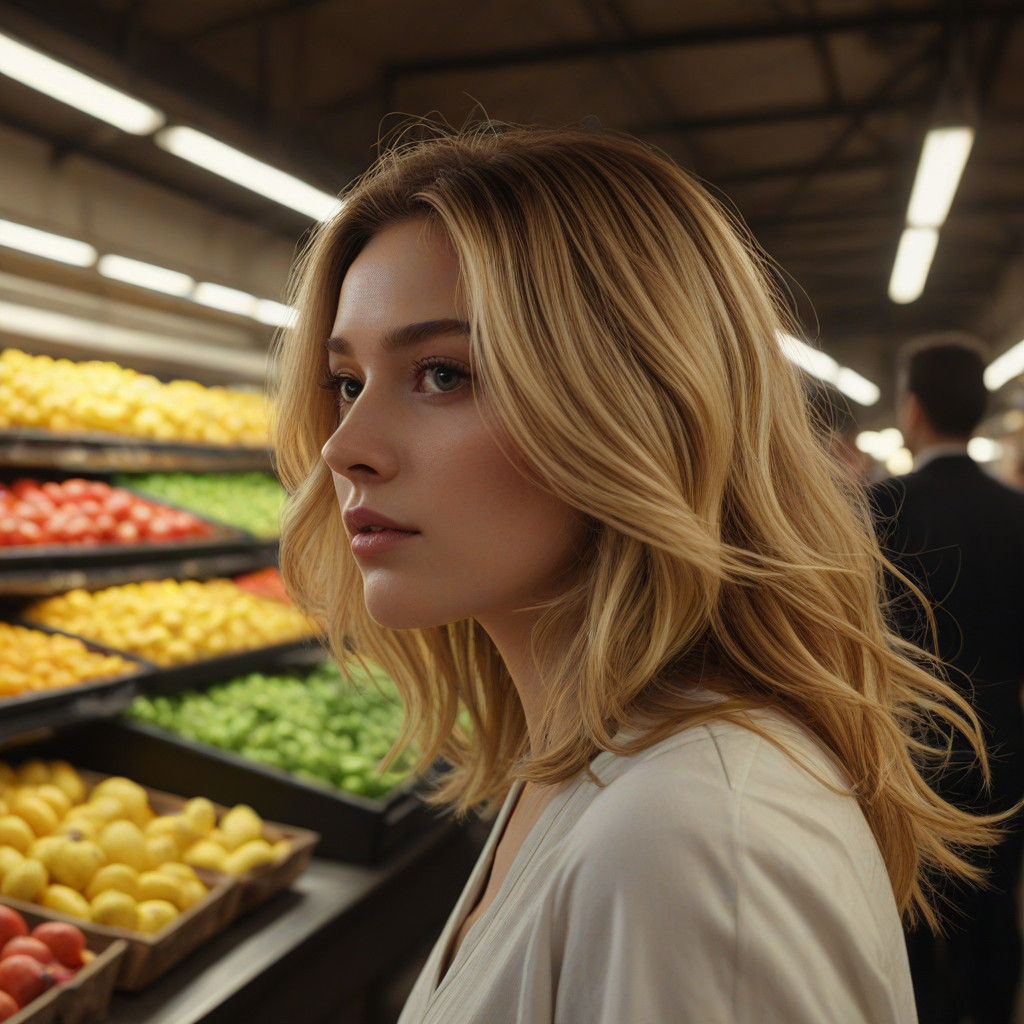 Woman in a Futuristic Market Scene