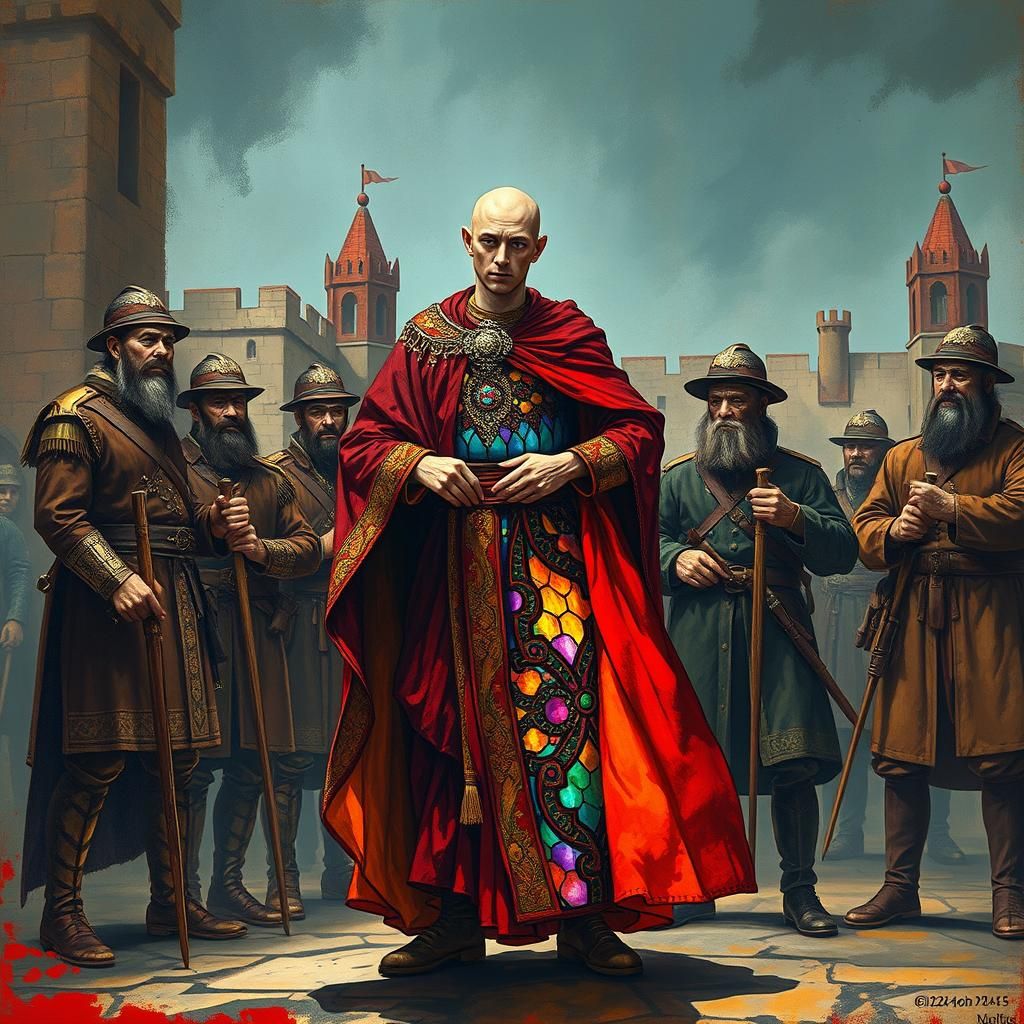 Androgynous Figure Changes Pants in Expressionist Style