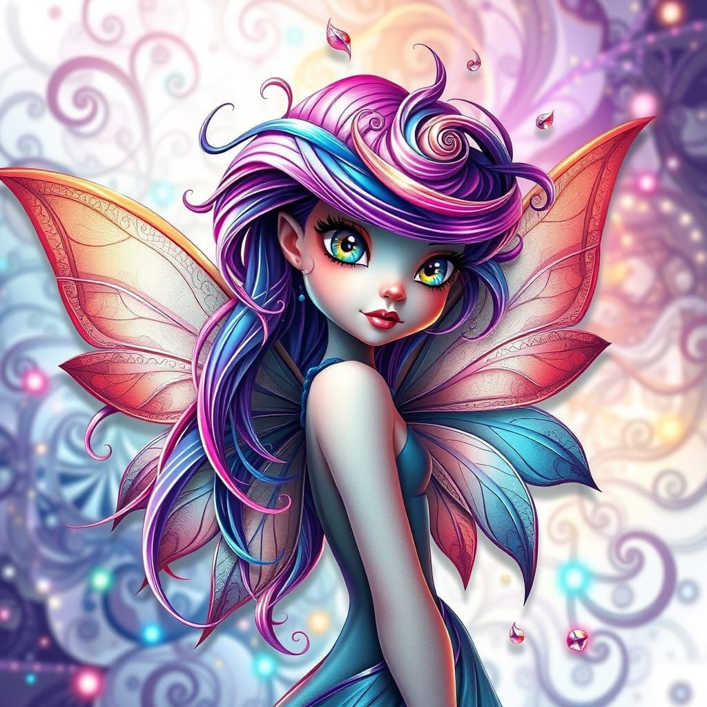 Fairy with Iridescent Hair and Fractal Background in 3D