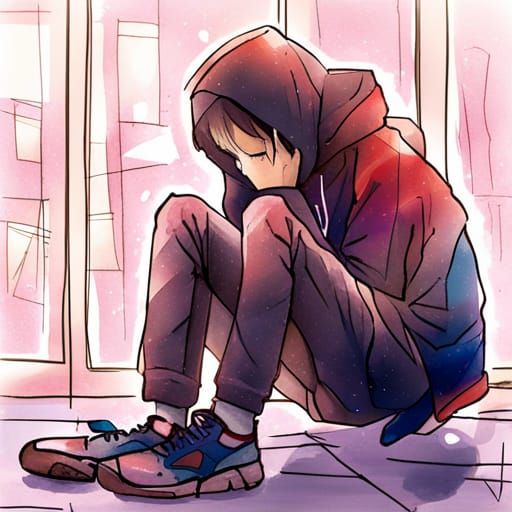 Depressed Man in Hoodie: Anime-Inspired Watercolor Art