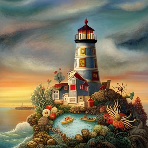Lighthouse Sunset Collage: Nautical Dreamscape