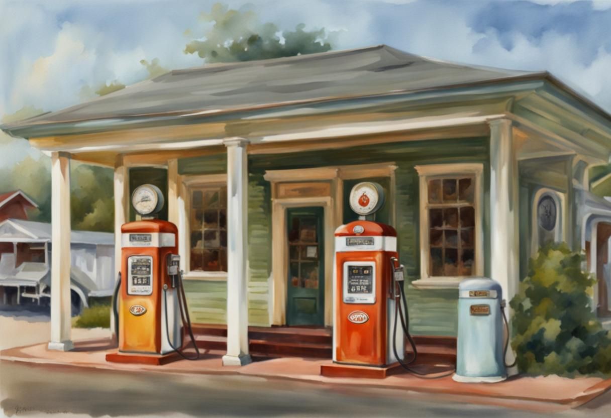 Vintage Gas Station on Cloudy Day, Watercolor Painting