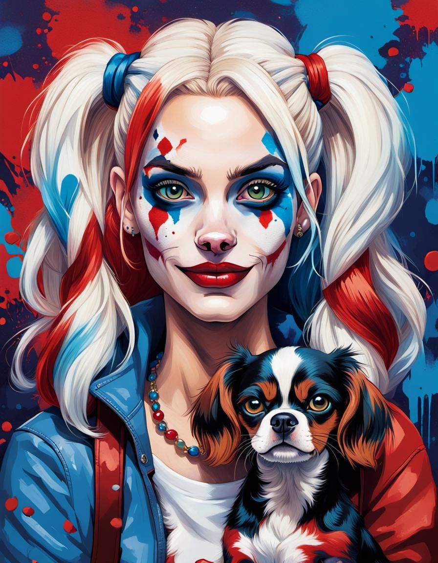 Harley Quinn Portrait with Cavalier King Charles Spaniel