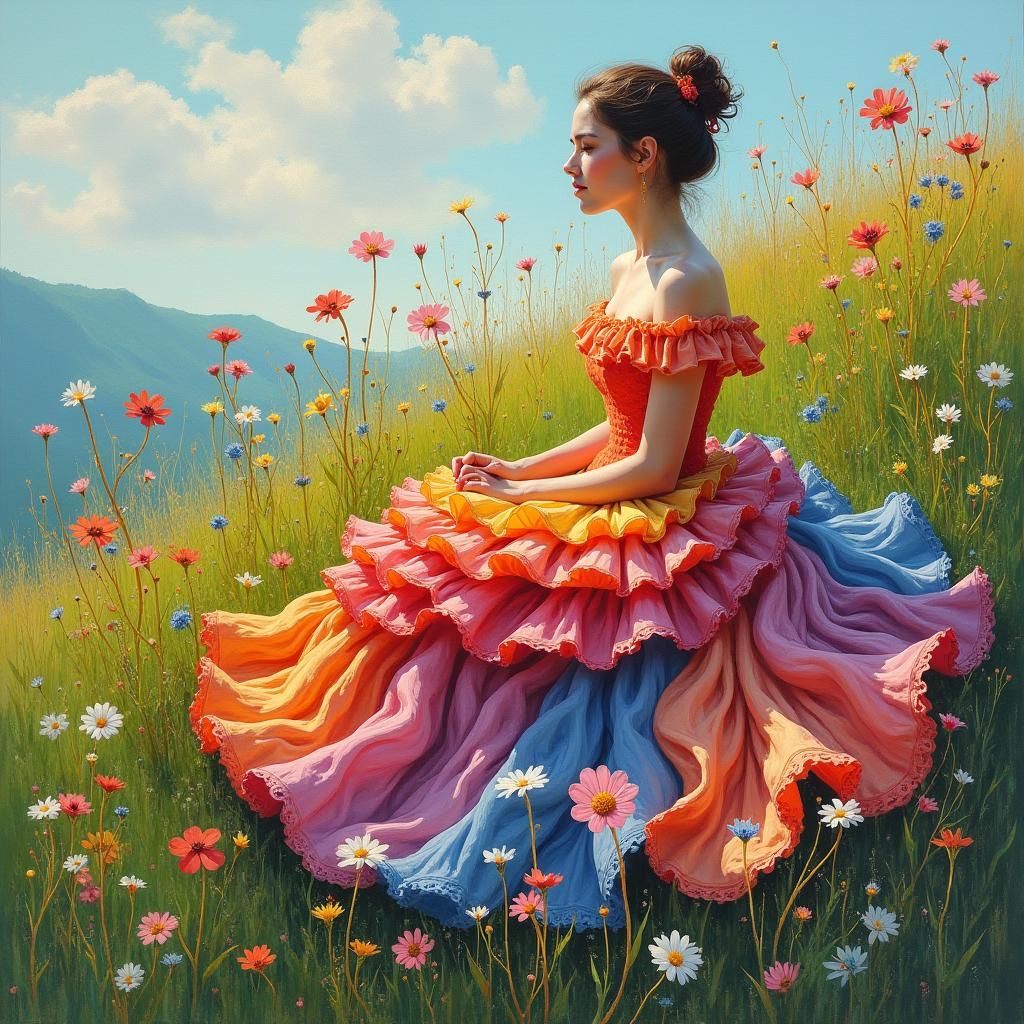 Woman in Colorful Gown Among Wildflowers