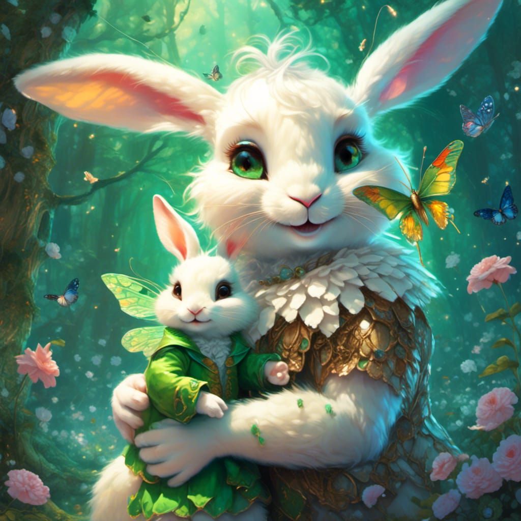 Winged Rabbit Hugs Green Elf in Colorful Scene