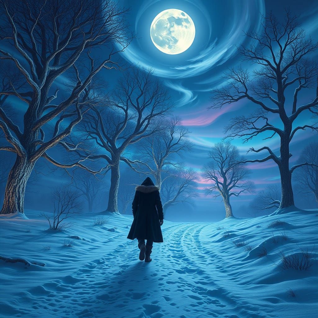 Mystical Snowscape Beneath a Full Moon