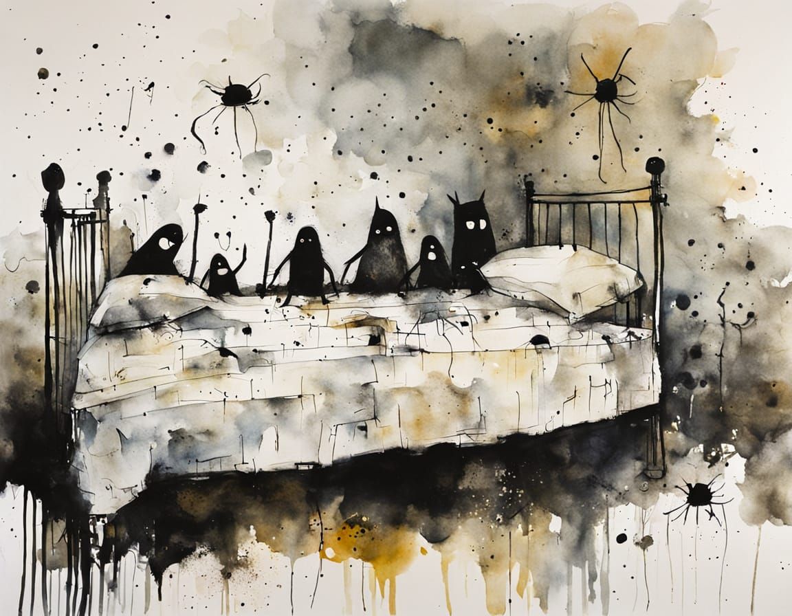 Cute Monsters Play Under Bed in Abstract Expressionist Ink