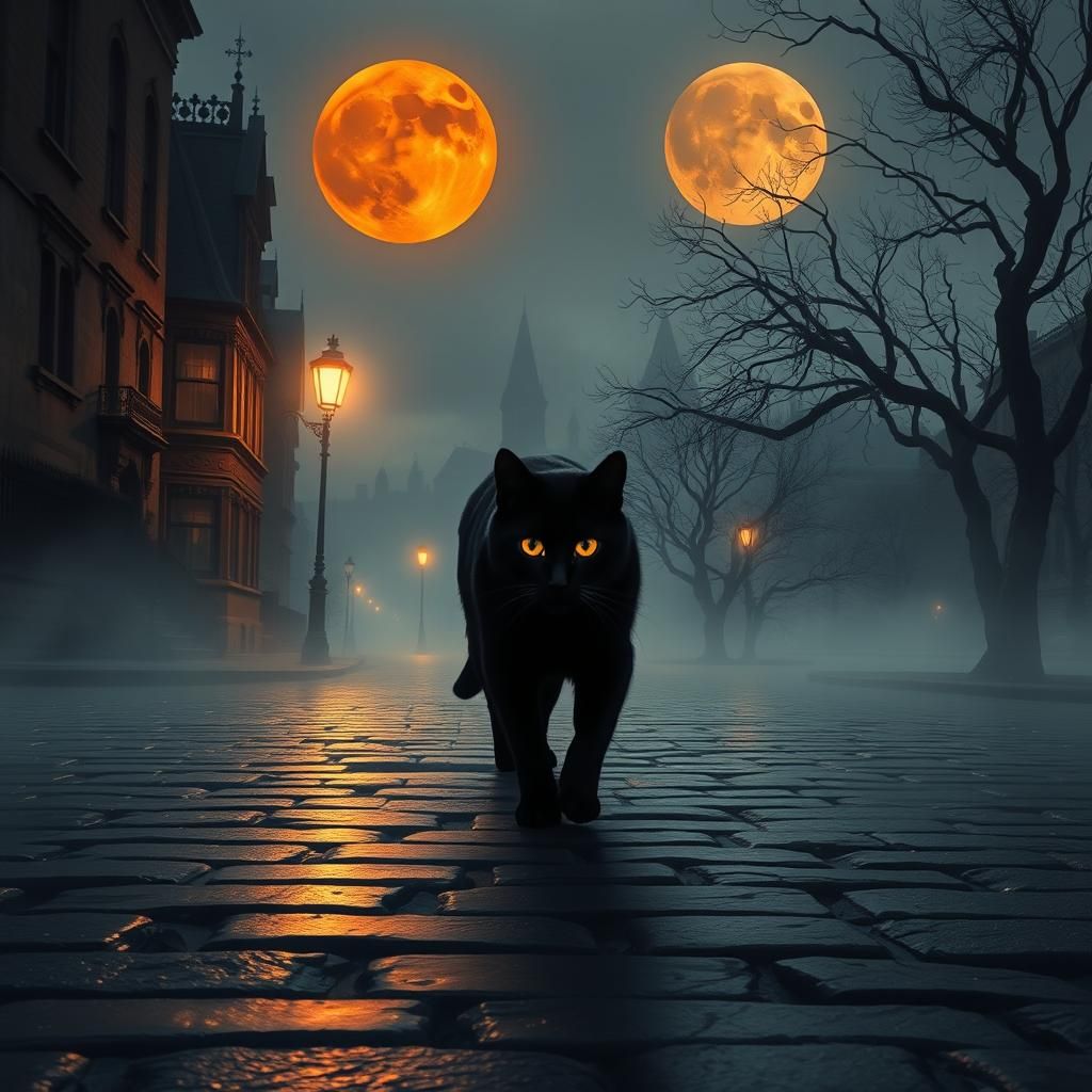 Eerie Black Cat on Misty Street at Night