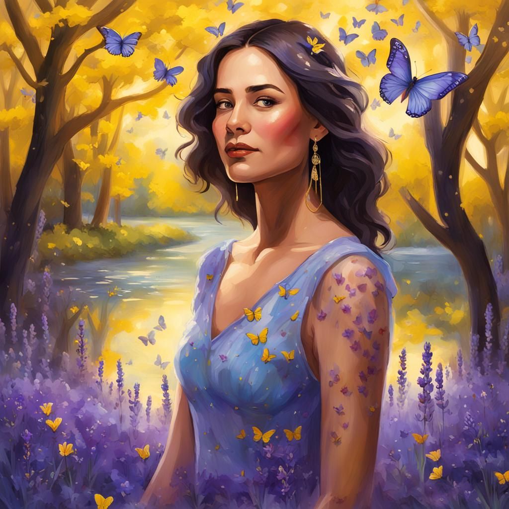 Woman in Blue Dress Among Purple Crocuses