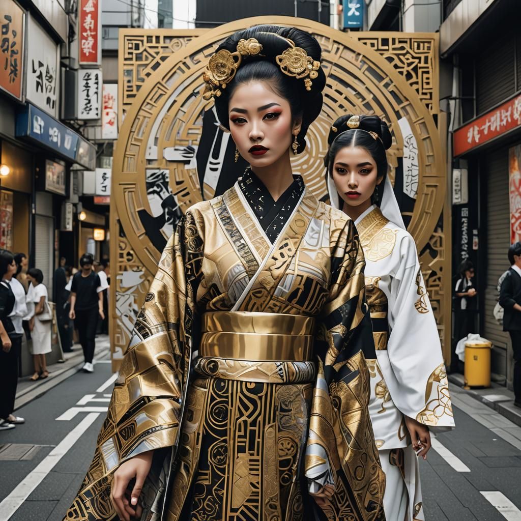 Op Art Geisha and Egyptian Girl in Tokyo Street