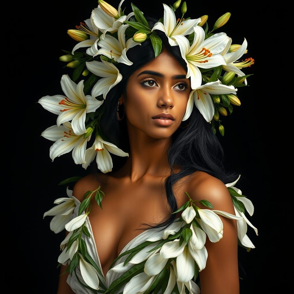 Indian Woman with Lily Crown, Ethereal Portrait