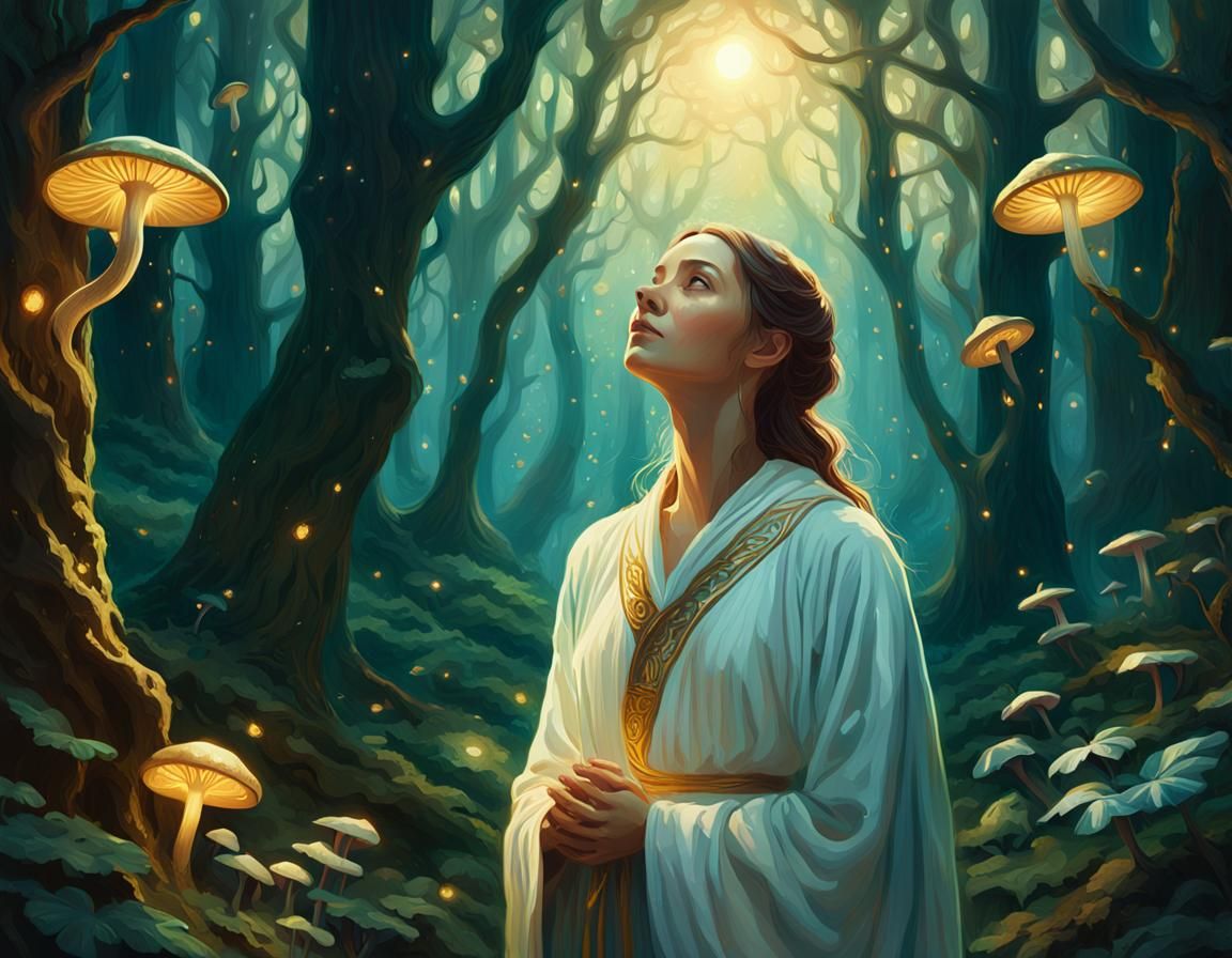 Mystical Forest Contemplation in Vibrant Oil Painting Style