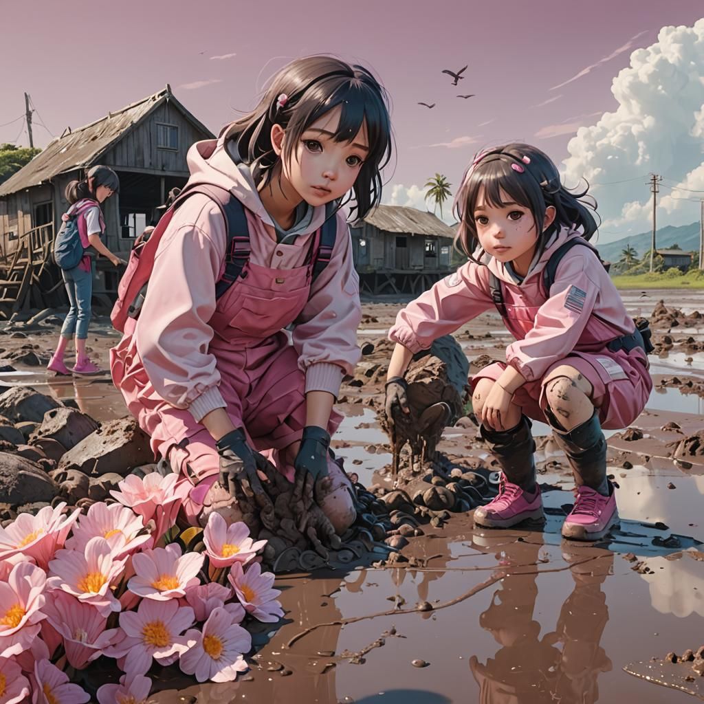 Anime Girls in Mudflats: Detailed Matte Painting