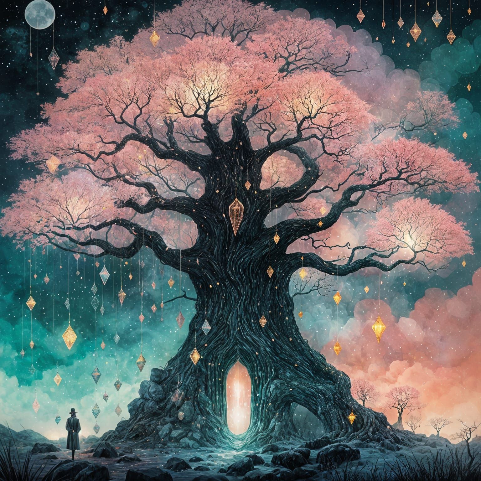 Magical Tree Illuminated by Celestial Light in a Mystical Ni...