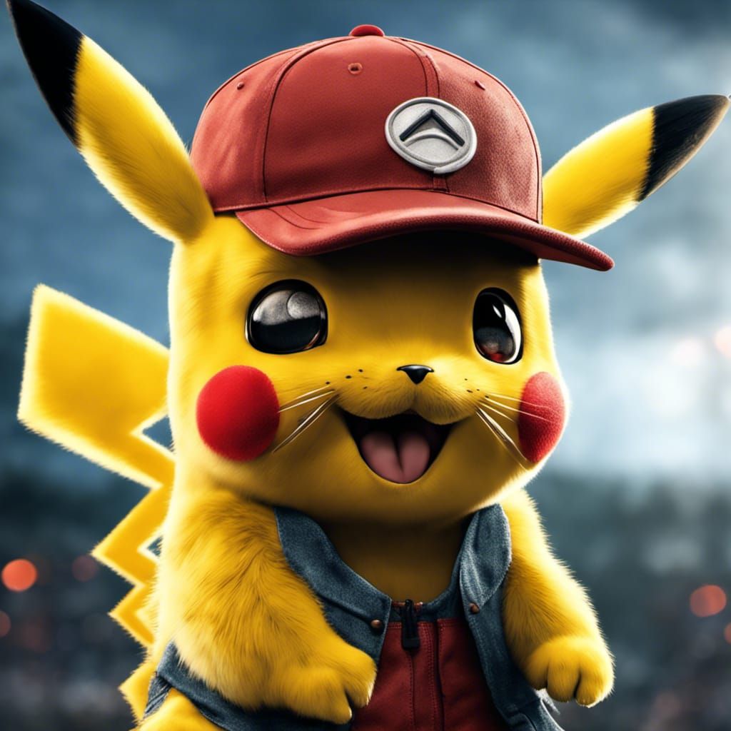 Hyperrealistic Portrait of Pikachu with Ash's Cap