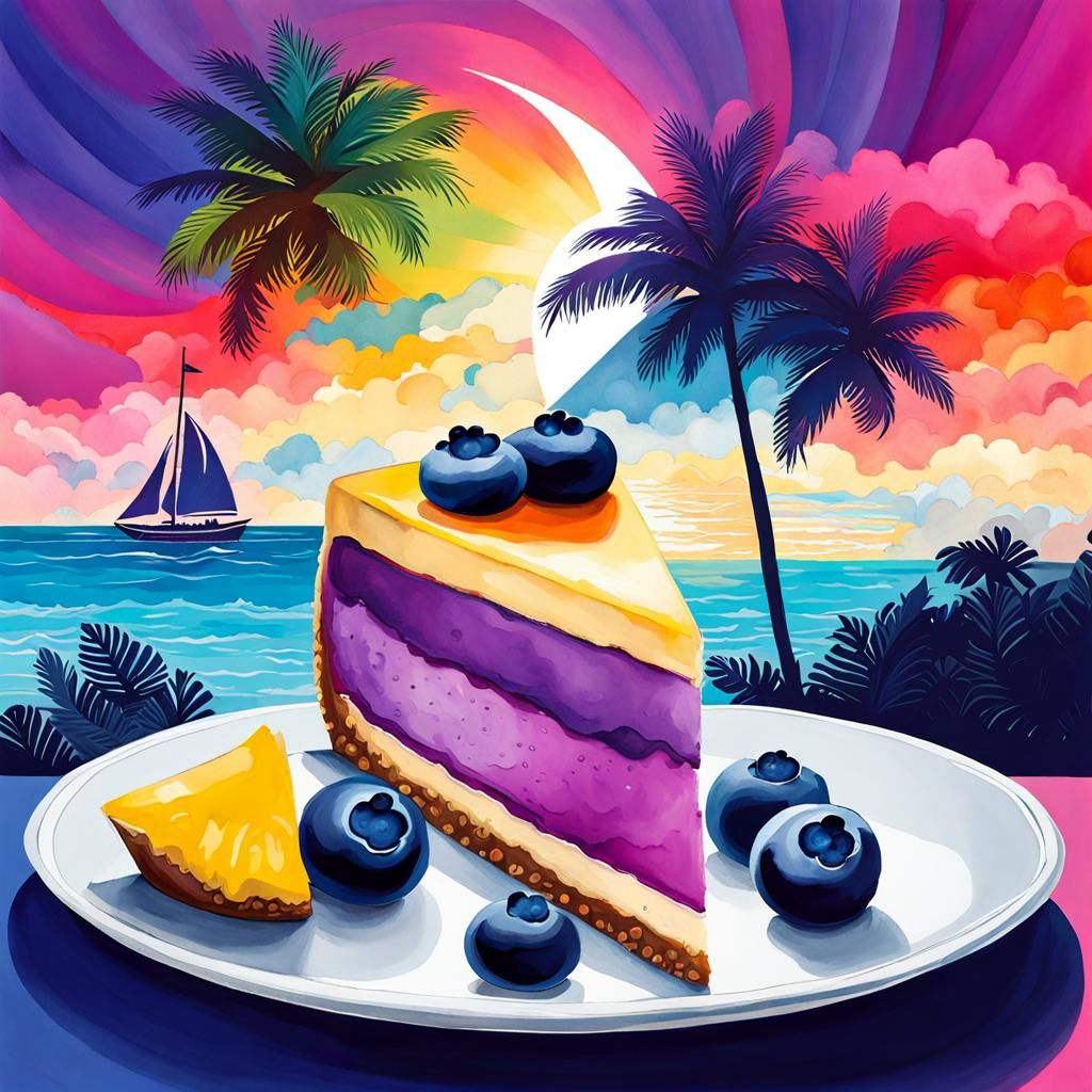 Whimsical Watercolor of Blueberry Cheesecake on Stormy Sea