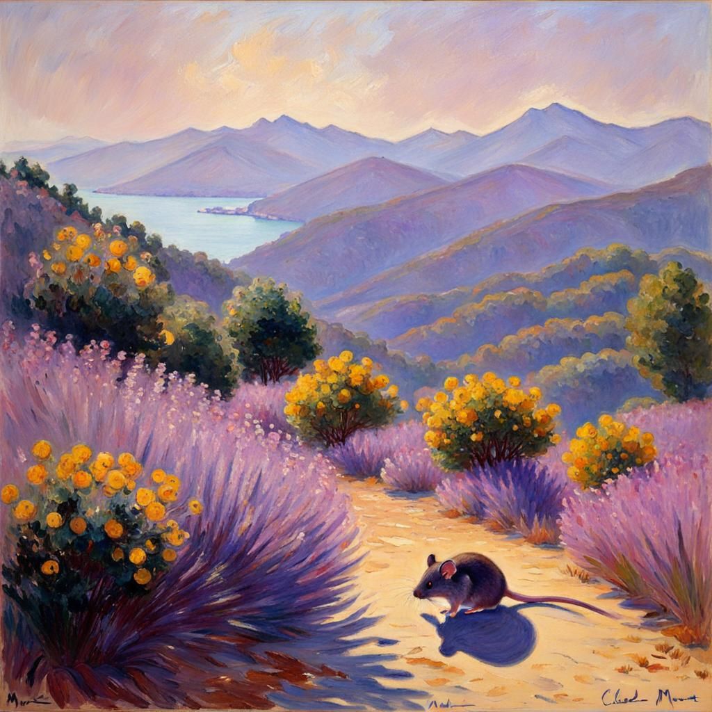 Mauve Mouse Meditating on Mountains, Impressionistic Style