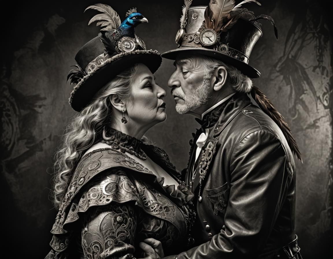 Steampunk Portrait: Man Kissing Woman's Neck