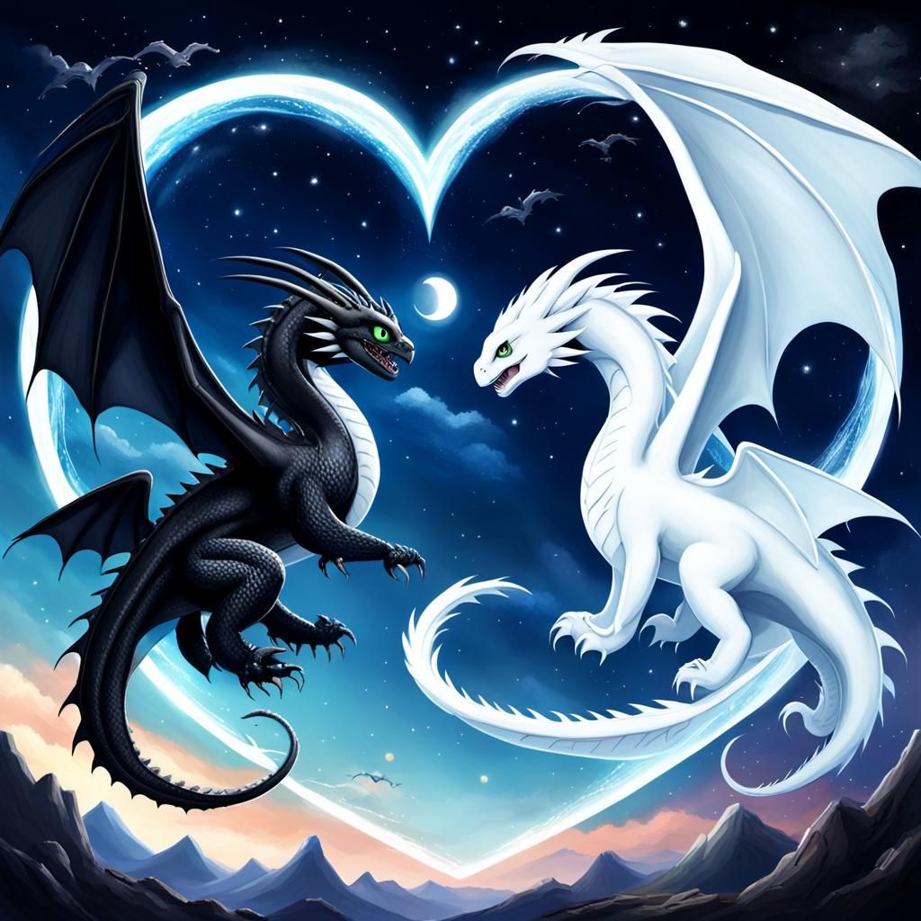 Dragons Create Heart Shape in Moonlit Sky
