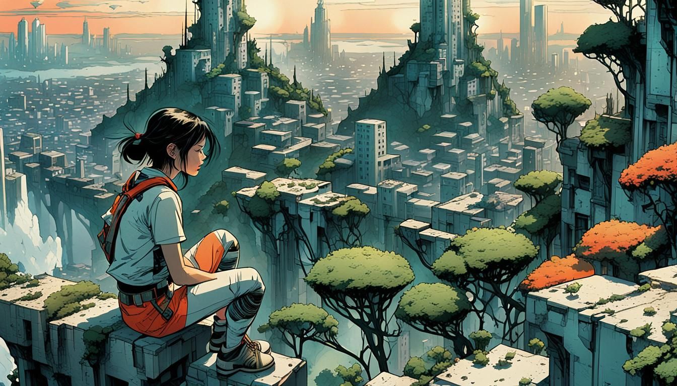 Overgrown Futuristic City Ruins in French Comic Style