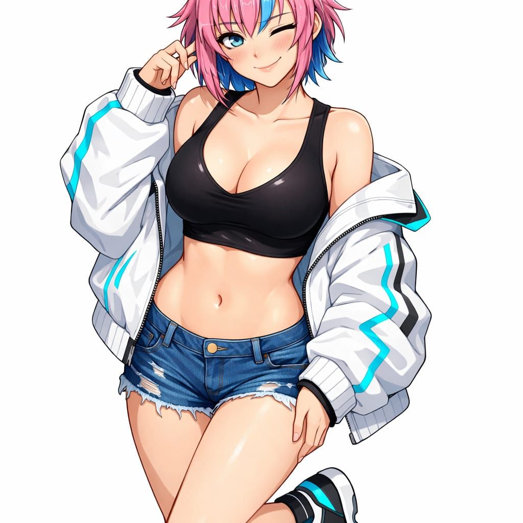 Anime Style Art: Playful Woman in Cyberpunk Bomber Jacket
