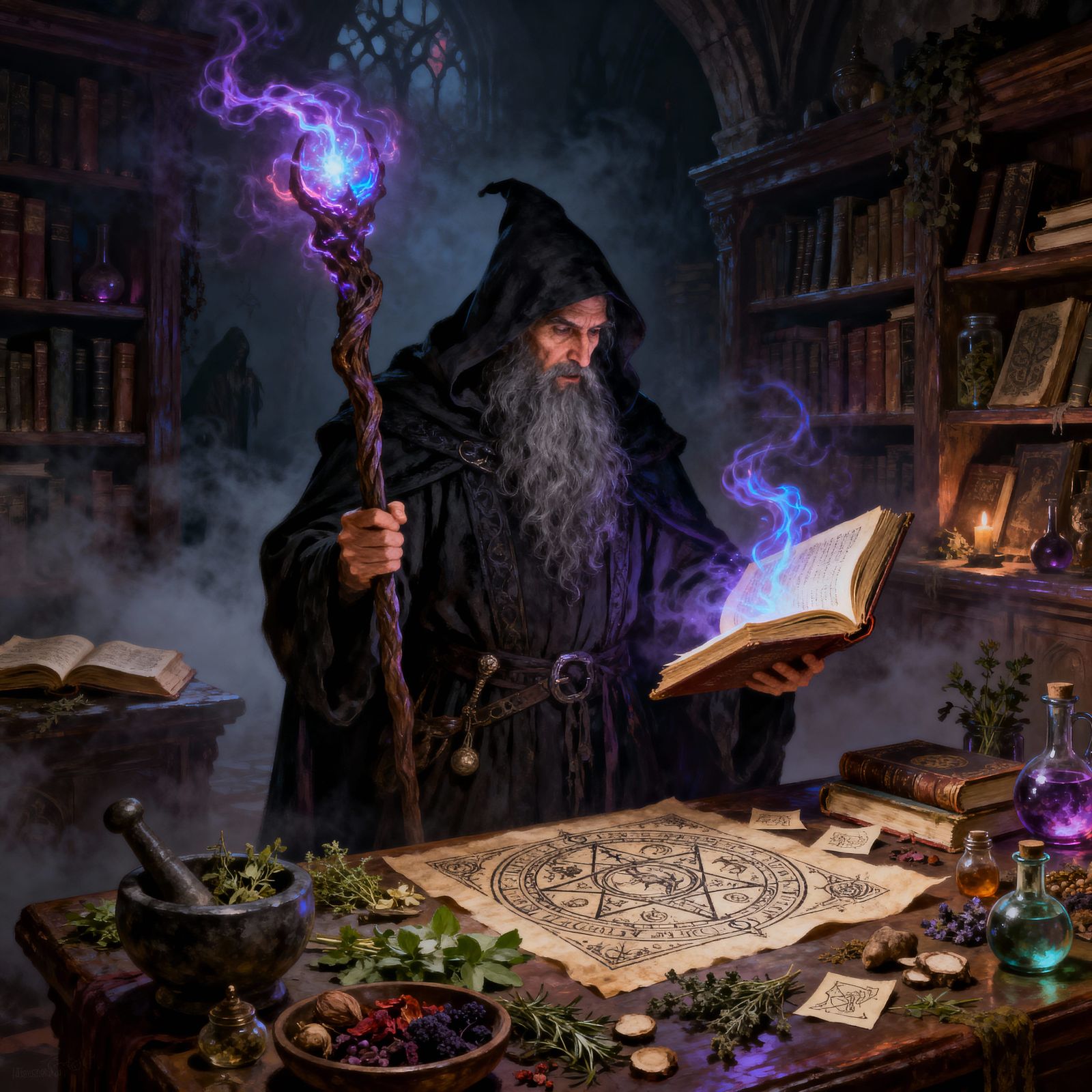 Dark Wizard in Magical Library with Glowing Staff