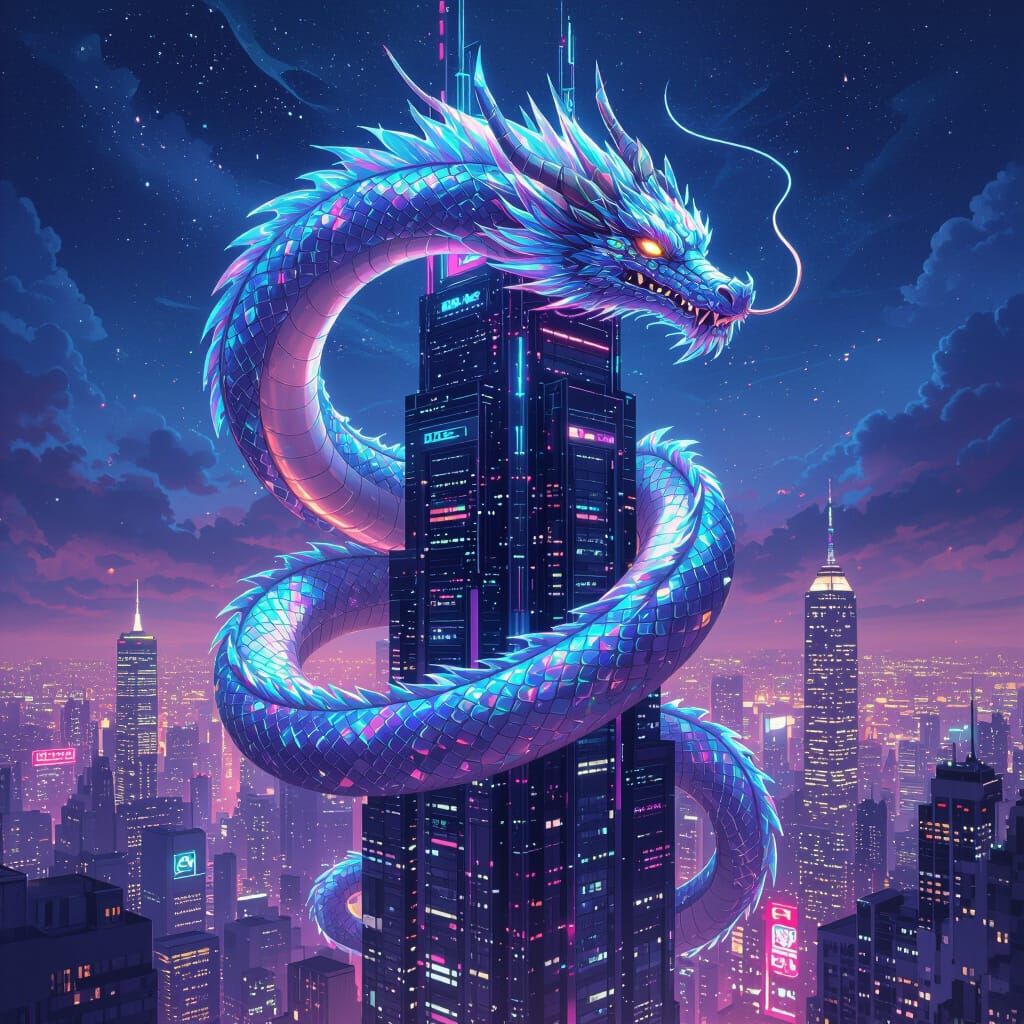 Cyberpunk Dragon Perched on Futuristic Skyscraper