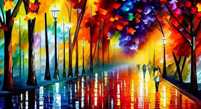 Rainy Autumn Night in Park, Neo-Impressionist Painting